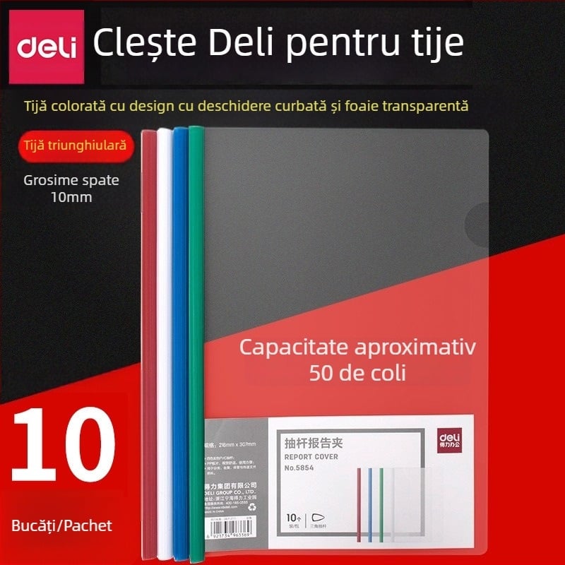 Deli 5854 dosar A4 transparent cu clemă pentru tijă, pachet de 10 buc.
