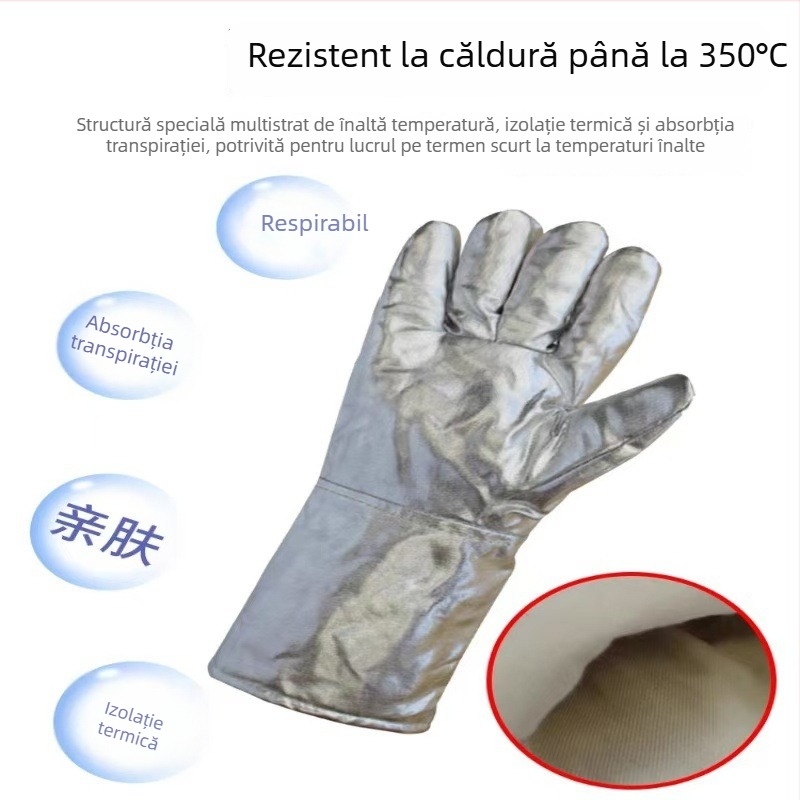 Mănuși din folie de aluminiu rezistente la temperaturi înalte, protecție la radiații și izolație termică, pentru uz industrial în prelucrarea metalelor