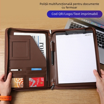 Plic din piele A4, multifuncțional, cu fermoar, pentru întâlniri de afaceri, negocieri și semnături