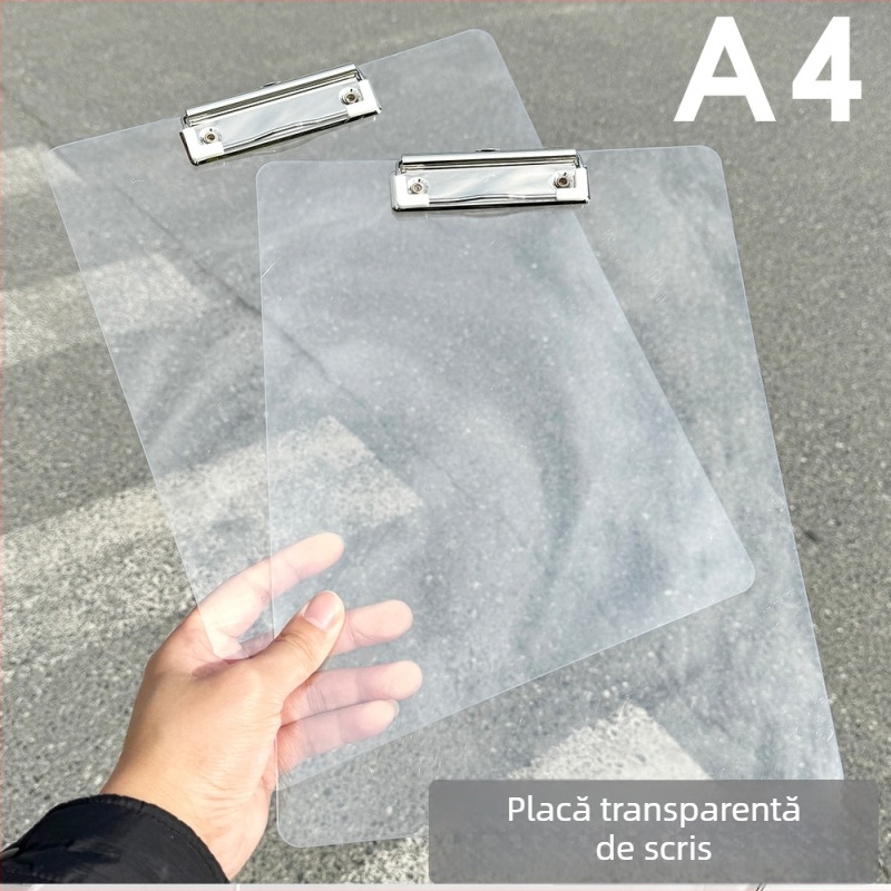 Acest tablă de scris transparentă A4, cu dosar de documente pliabil, este potrivită pentru birou și școală, cu posibilitatea personalizării cu logo.