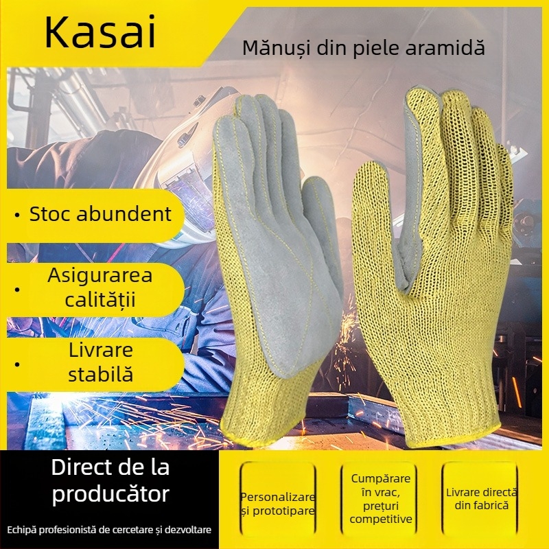 Mănuși de lucru industriale din aramidă și piele de vițel, rezistente la temperaturi înalte, cu protecție împotriva focului, tăierii, perforării, abraziunii și uleiului.