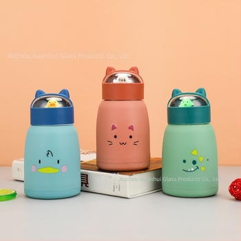 Cană din sticlă cu pereți dubli și capac, recipient portabil pentru apă cu design cu animale drăguțe, potrivit pentru elevi, imprimare logo