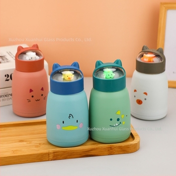 Cană din sticlă cu pereți dubli și capac, recipient portabil pentru apă cu design cu animale drăguțe, potrivit pentru elevi, imprimare logo
