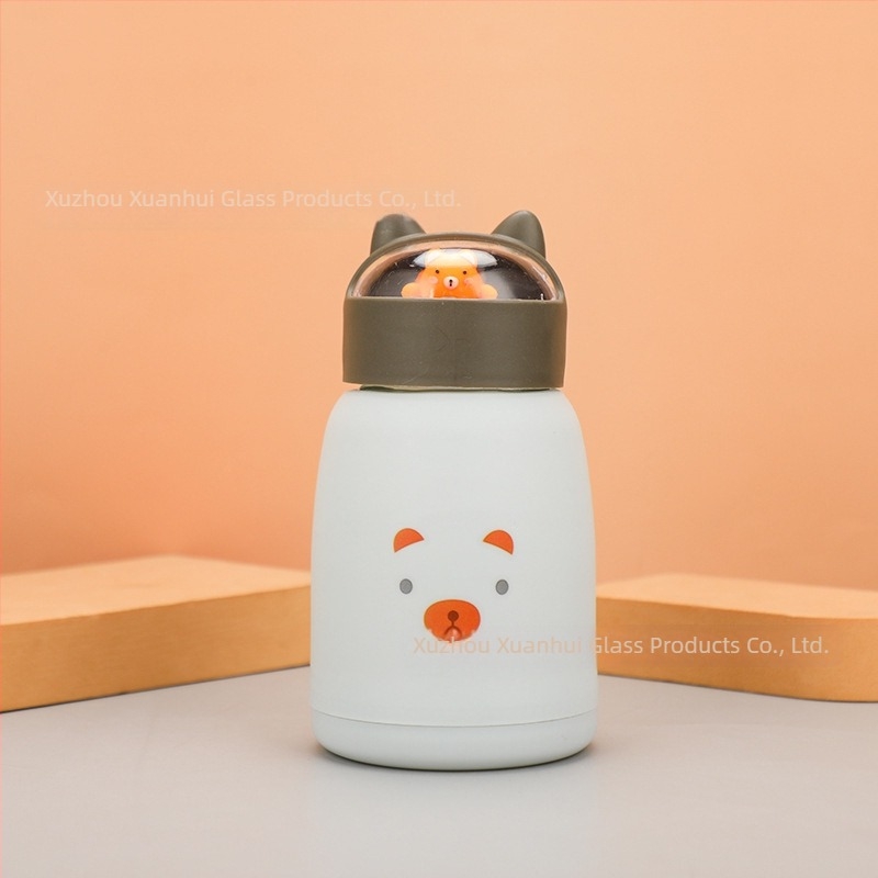 Cană din sticlă cu pereți dubli și capac, recipient portabil pentru apă cu design cu animale drăguțe, potrivit pentru elevi, imprimare logo