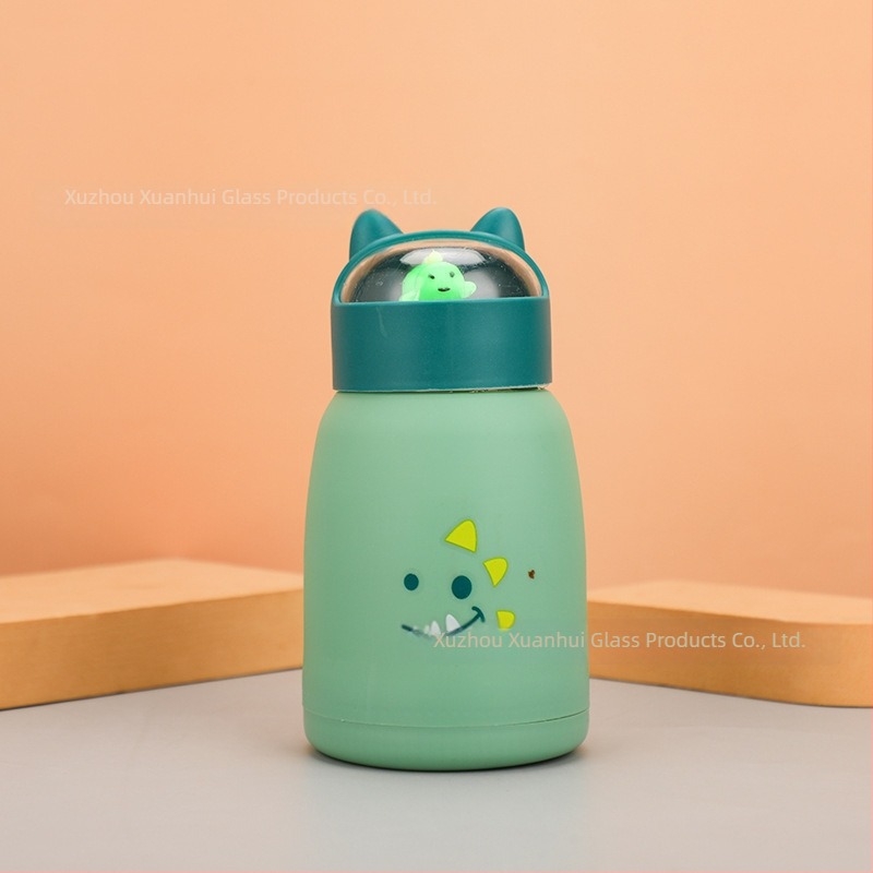 Cană din sticlă cu pereți dubli și capac, recipient portabil pentru apă cu design cu animale drăguțe, potrivit pentru elevi, imprimare logo