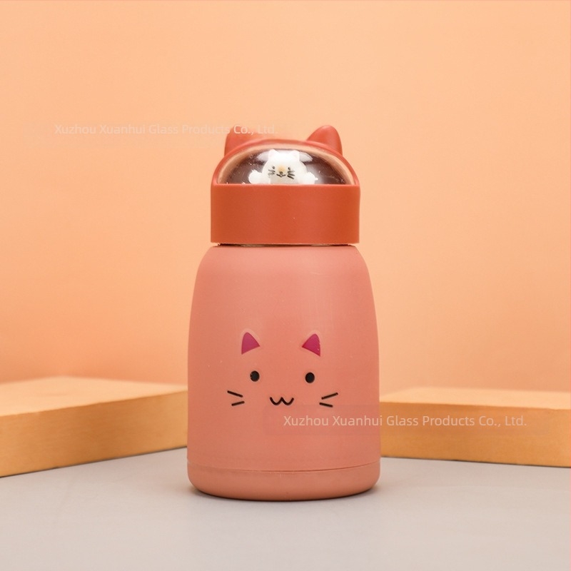 Cană din sticlă cu pereți dubli și capac, recipient portabil pentru apă cu design cu animale drăguțe, potrivit pentru elevi, imprimare logo