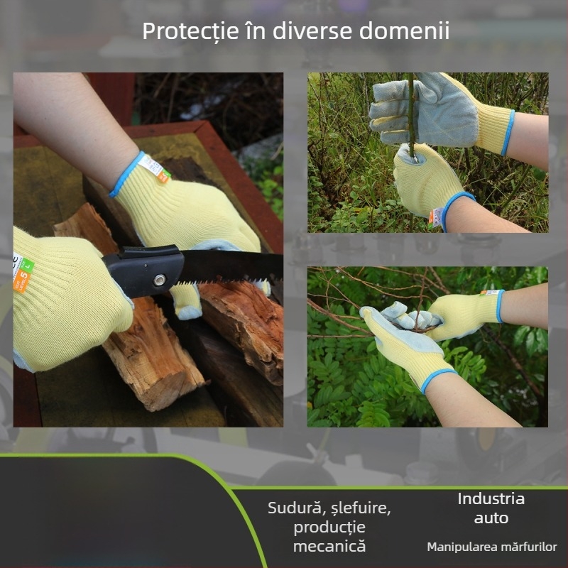 Mănuși rezistente la tăiere, cu sârmă aramid-otel reforțate, ignifuge, rezistente la temperaturi de până la 100°C, pentru prelucrarea metalelor