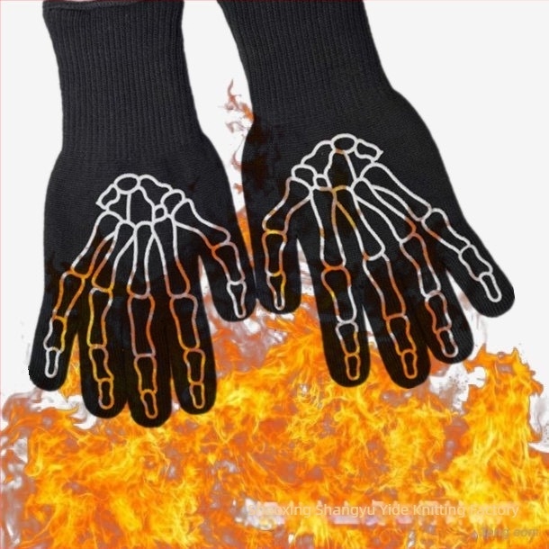 Mănuși pentru grătar din aramidă-cotton-silicagel, rezistente la temperaturi de până la 800°C, antialunecare, izolație, pentru gătit, cuptor cu microunde, 32 cm, negre