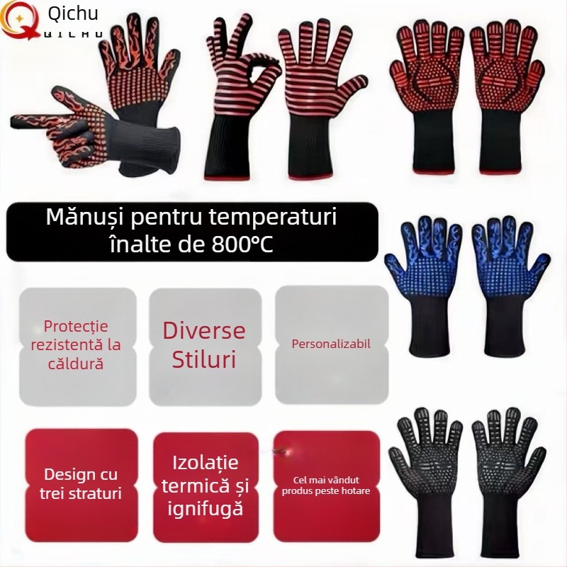 Mănuși rezistente la temperaturi ridicate din silicon, până la 800°C, izolație termică, protecție împotriva arsurilor, prindere stabilă pentru coacere și gătit