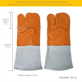 Mănuși de sudură din piele bicoloră, grad AB, 14 inch, cu trei degete, strat unic, rezistente la foc și temperaturi înalte.