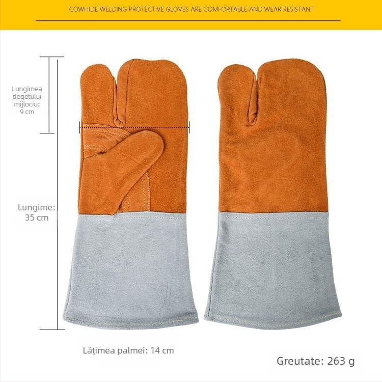 Mănuși de sudură din piele bicoloră, grad AB, 14 inch, cu trei degete, strat unic, rezistente la foc și temperaturi înalte.