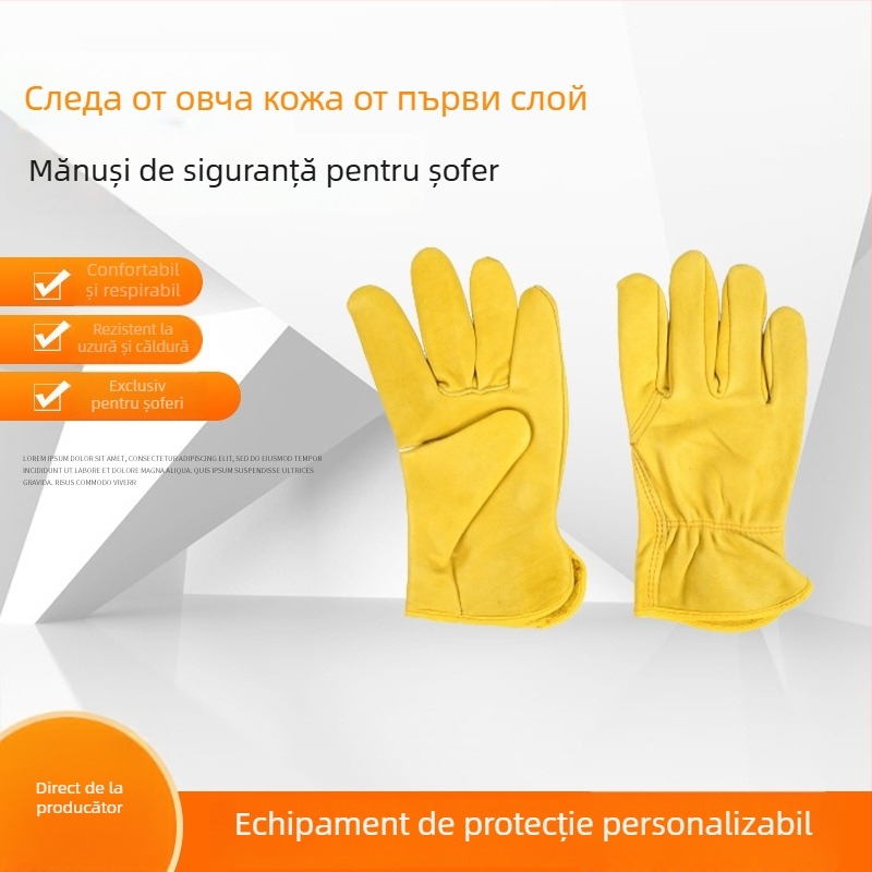 Mănuși din piele de miel de înaltă calitate, galben-aurii, pentru șoferi; protecție pentru grădină și sudură, confortabile, rezistente la uzură pentru încărcare-descărcare