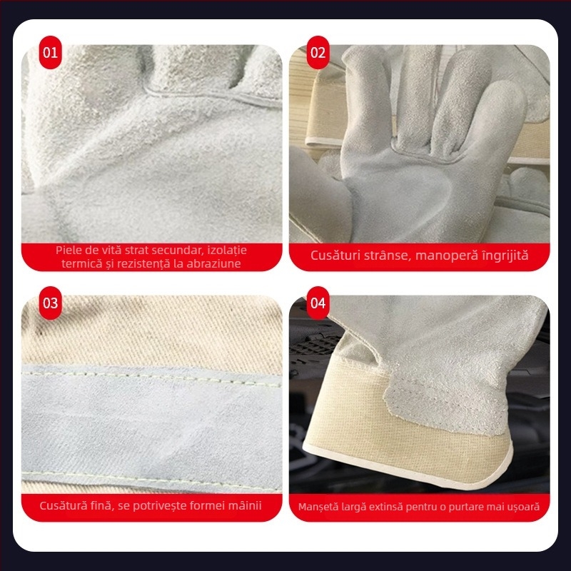 Mănuși de protecție din piele de vițel cu palmă integrală, din piele cu două straturi, rezistente la uzură, ignifuge, rezistente la stropi și izolație termică pentru sudură