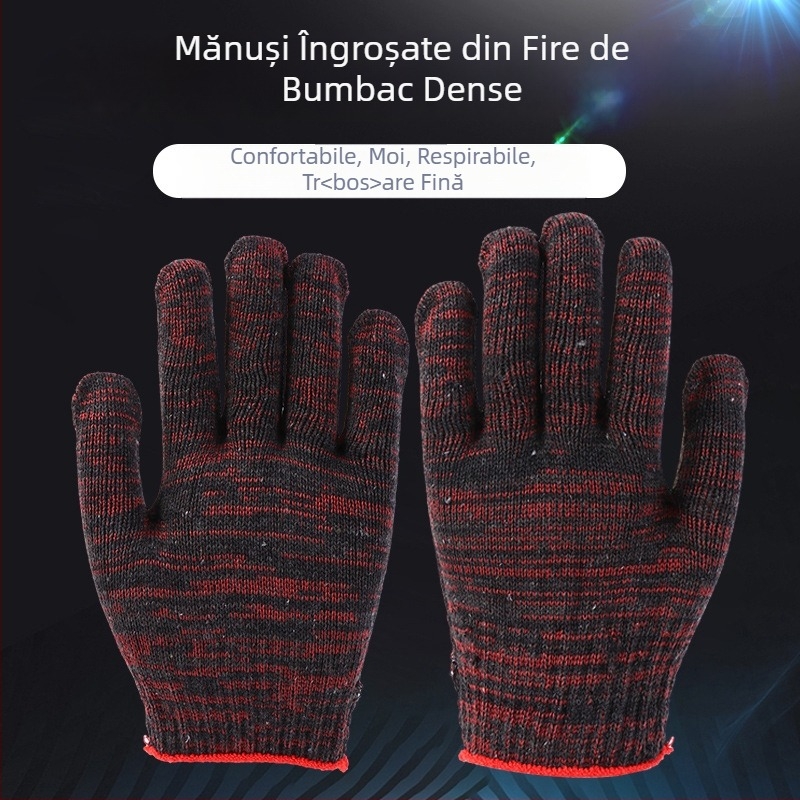 Mănuși de lucru tricotate din bumbac roșu-negru, rezistente la uzură, îngroșate, antiderapante, pentru muncă mecanică și atelier
