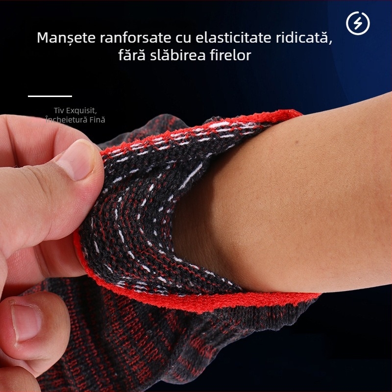 Mănuși de lucru tricotate din bumbac roșu-negru, rezistente la uzură, îngroșate, antiderapante, pentru muncă mecanică și atelier