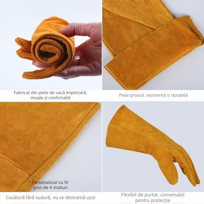 Mănuși de sudură din piele de vițel, lungi, cu palmă întreagă, dublu strat, rezistente la căldură, pentru temperaturi înalte