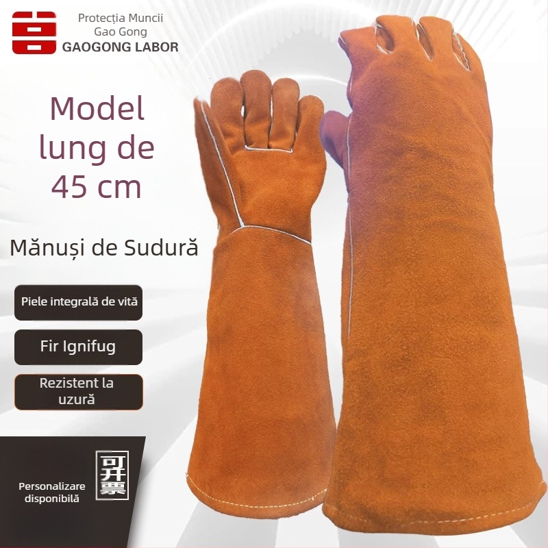 Mănuși de sudură din piele de vițel extinse, protecție împotriva arsurilor, rezistente la uzură, izolație termică, protecție împotriva stropilor, căptușeală întărită