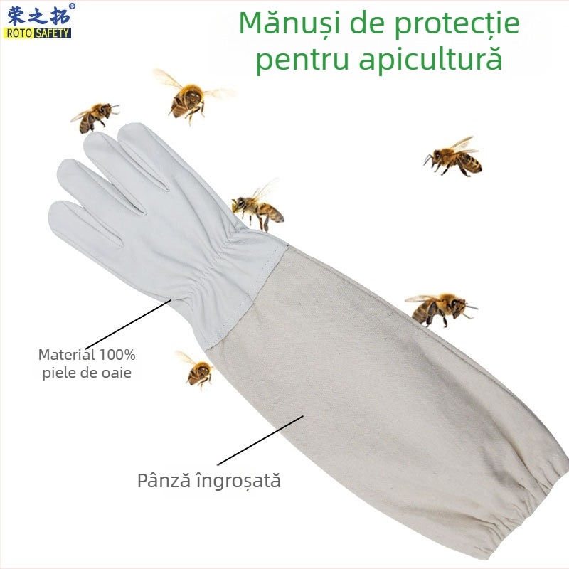 Mănuși de apicultură din piele de miel – Piele naturală, pânză îngroșată, protecție împotriva înțepăturilor, pentru prinderea albinelor