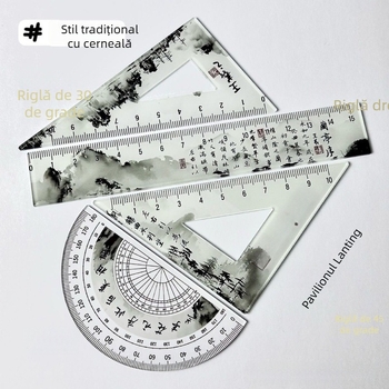 Set de rigle în stil chinezesc antic, cu husă de depozitare, pentru elevi – riglă dreaptă, riglă triunghiulară și riglă circulară