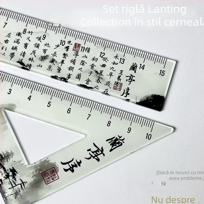 Set de rigle în stil chinezesc antic, cu husă de depozitare, pentru elevi – riglă dreaptă, riglă triunghiulară și riglă circulară