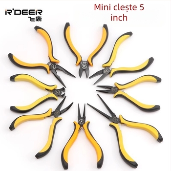 Flying Deer Clește mini cu nas subțire de 5 inch, cu fălci în unghi, tăiere superioară, nas rotund, nas curbat și nas plat