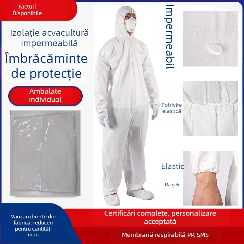 Combinezon de protecție de unică folosință pentru spații de procesare a alimentelor și creșterea animalelor – impermeabil, rezistent la praf și la ulei, alb, dintr-o bucată