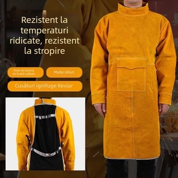Șorț din piele de vită, rezistent la temperaturi înalte, protecție la stropiri, îmbrăcăminte de protecție pentru sudori, galben