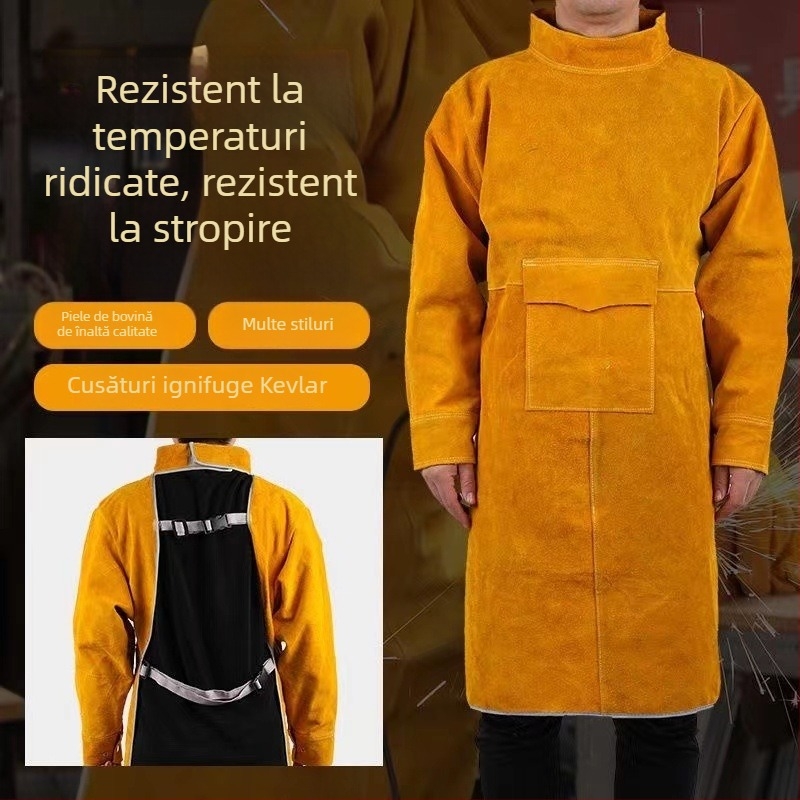 Șorț din piele de vită, rezistent la temperaturi înalte, protecție la stropiri, îmbrăcăminte de protecție pentru sudori, galben