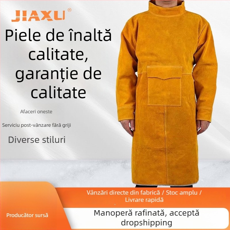 Șorț din piele de vită, rezistent la temperaturi înalte, protecție la stropiri, îmbrăcăminte de protecție pentru sudori, galben