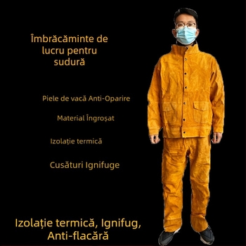 Combinezon de sudură din piele de vită, galben, cu izolație termică și protecție împotriva stropilor