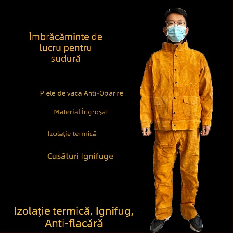 Combinezon de sudură din piele de vită, galben, cu izolație termică și protecție împotriva stropilor
