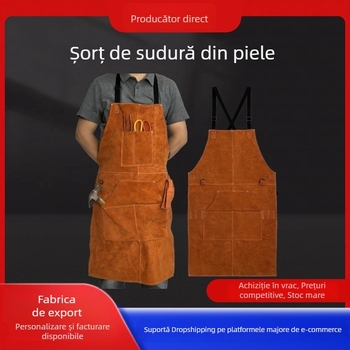 Șorț de sudură din piele cu mâneci din piele și protecții pentru picioare, rezistent la temperaturi înalte și la scântei