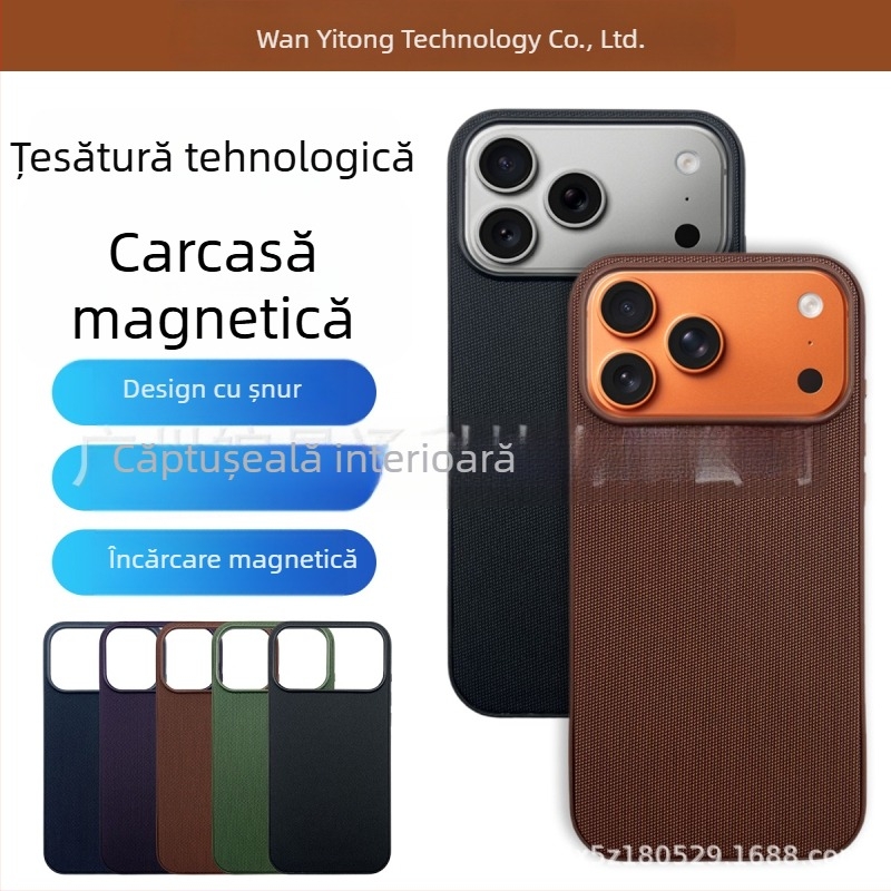 Carcasă din țesătură pentru iPhone 17 Pro Max, două în unu, cu buton AI pentru cameră și aderență magnetică puternică, PU piele, tricotat manual