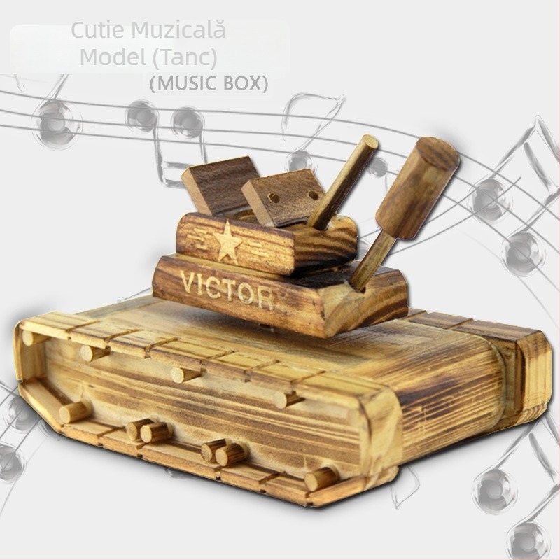 Model de tanc din lemn cu muzică, jucărie decorativă