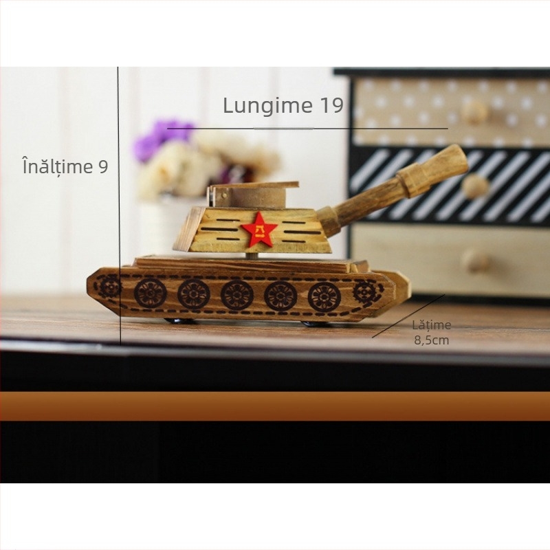 Model de tanc din lemn cu muzică, jucărie decorativă