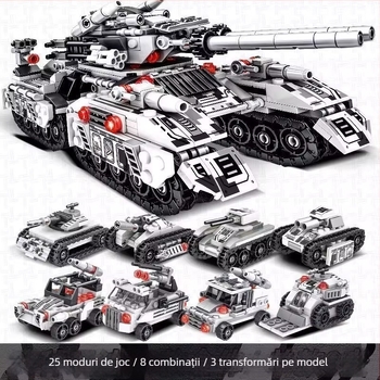 Set de construcție cu tanc militar compatibil cu Lego – jucării educaționale de asamblat pentru băieți, cadou cu vehicul blindat pentru copii.