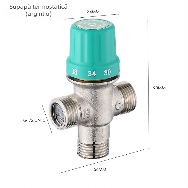Valvă de amestec termostatic din cupru pentru boiler, control temperatură apă caldă/rece, montaj pe suprafață, robinet cu trei căi