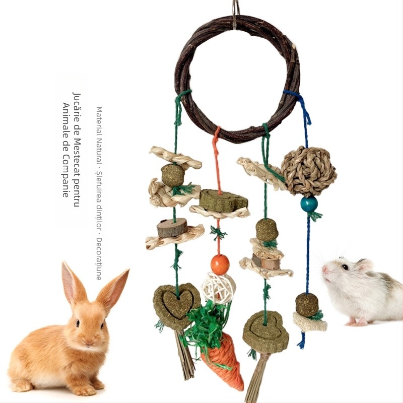 Jucărie naturală pentru hamster, set cu creangă de măr, cerc împletit, prăjitură din iarbă, minge de iarbă, coji de porumb, lufă pentru mestecat