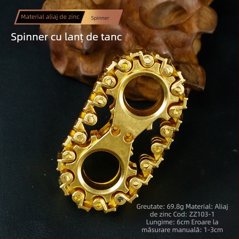 Jucărie fidget cu șenile de tanc și volantă argintie — dispozitiv mecanic pentru relaxare, mâner cu dinți rotativi pe lanț