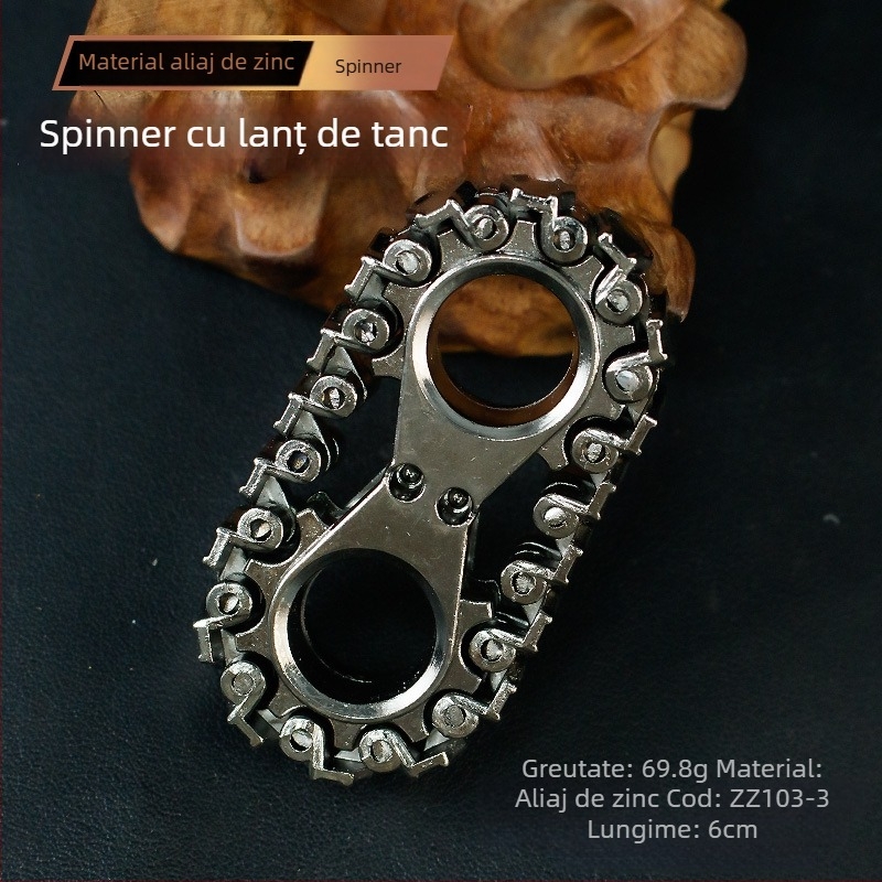 Jucărie fidget cu șenile de tanc și volantă argintie — dispozitiv mecanic pentru relaxare, mâner cu dinți rotativi pe lanț