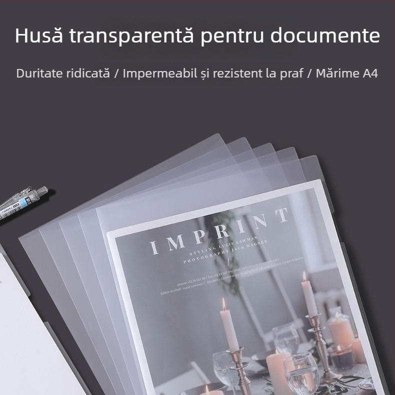 Dosar A4 în formă de L, cu clip pentru două pagini, clip dintr-o bucată, inserție transparentă E310 pentru o singură pagină, cu folie de protecție și logo imprimat