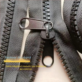 Fermoar Nr. 10 din rășină, cu dinți groși, dublu-închis, interior negru și exterior negru, destinat perdelei de ploaie pentru adăpostul triciclului electric