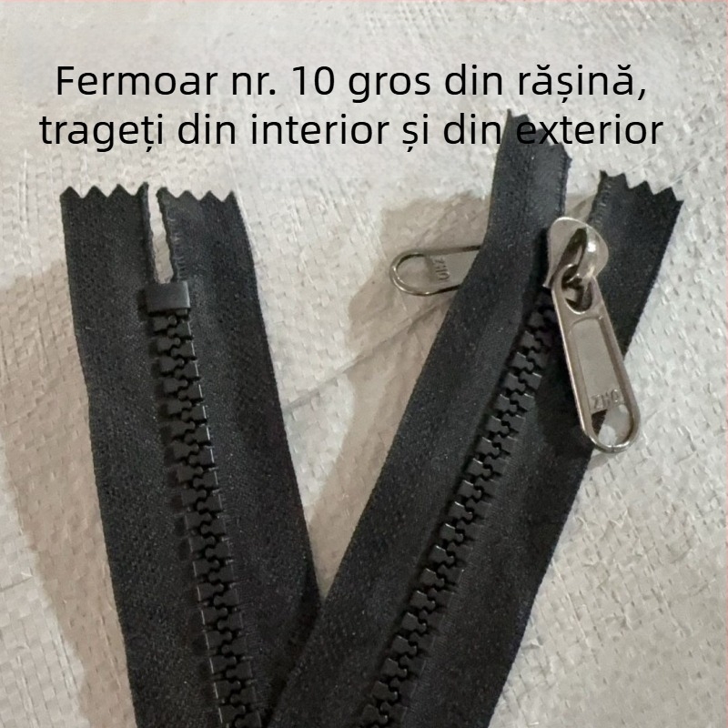 Fermoar Nr. 10 din rășină, cu dinți groși, dublu-închis, interior negru și exterior negru, destinat perdelei de ploaie pentru adăpostul triciclului electric