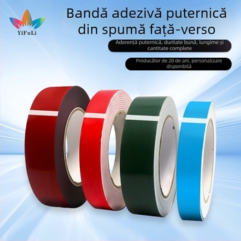 Bandă dublu adezivă din spumă PE, cu vâscozitate înaltă, film roșu/alb, grosime 1 mm, rolă 10 m, industrială