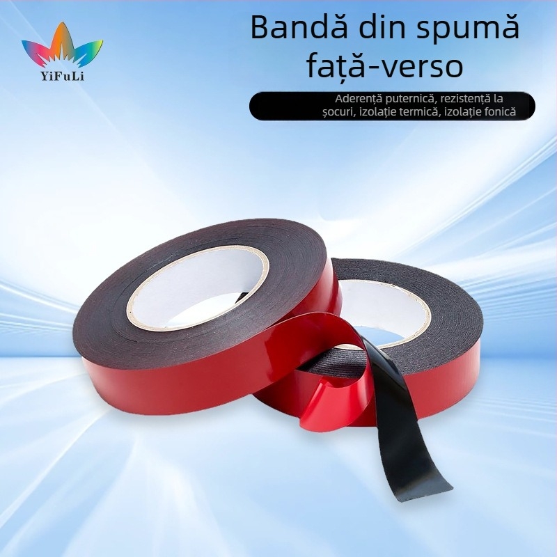 Bandă dublu adezivă din spumă PE, cu vâscozitate înaltă, film roșu/alb, grosime 1 mm, rolă 10 m, industrială