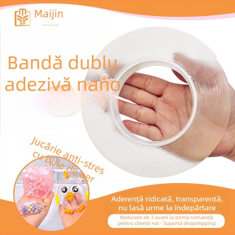 Bandă adezivă dublu-față transparentă, vâscozitate mare, fără reziduuri, adeziv nano acrilic, lățime 2 cm sau 3 cm, lungime 1–5 m