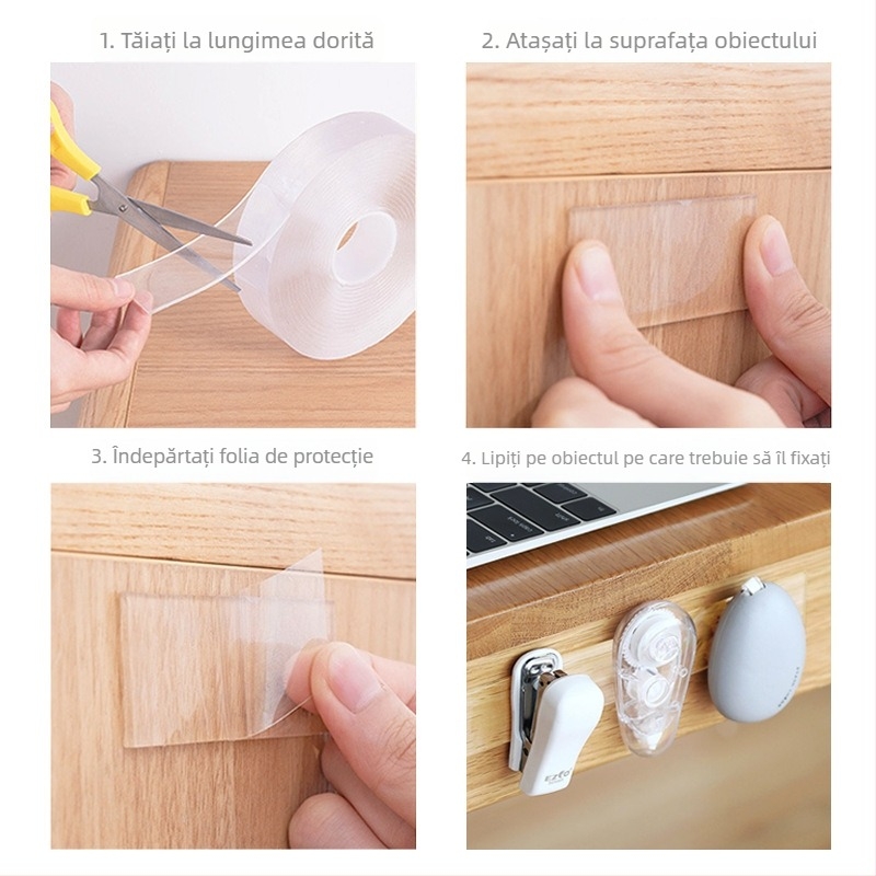 Bandă adezivă dublu-față transparentă, vâscozitate mare, fără reziduuri, adeziv nano acrilic, lățime 2 cm sau 3 cm, lungime 1–5 m
