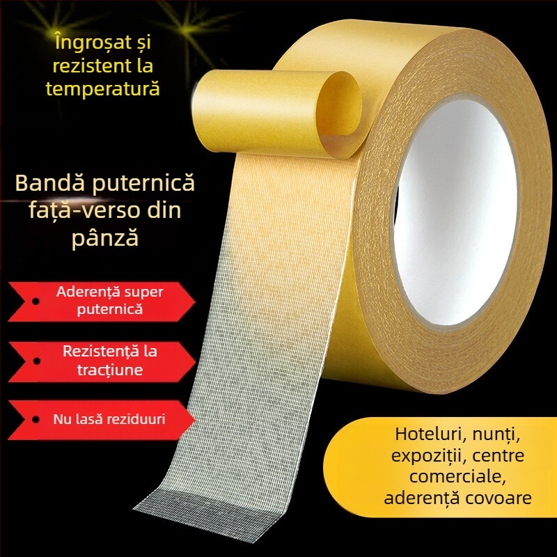 Bandă dublu-adezivă cu bază din material textil, aderență puternică pentru fixare pe pereți, îmbinarea covoarelor fără urme, pentru nunți și expoziții, plasă de baloane