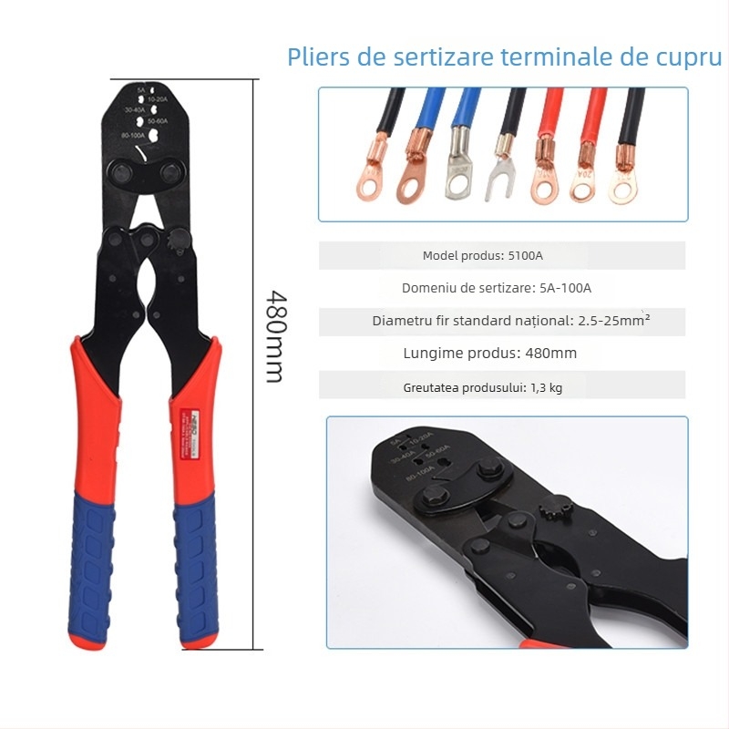 Clește crimpare pentru terminale din cupru, tip U, cu gură deschisă, presare la rece, instrument manual pentru cabluri, 5-500A