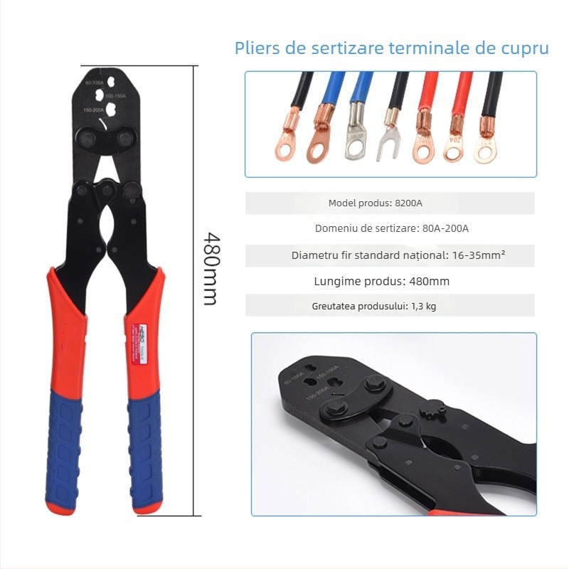 Clește crimpare pentru terminale din cupru, tip U, cu gură deschisă, presare la rece, instrument manual pentru cabluri, 5-500A
